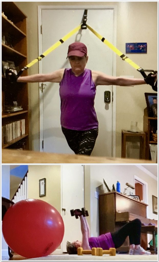 Woman shown doing exercises at home during video conference personal training session