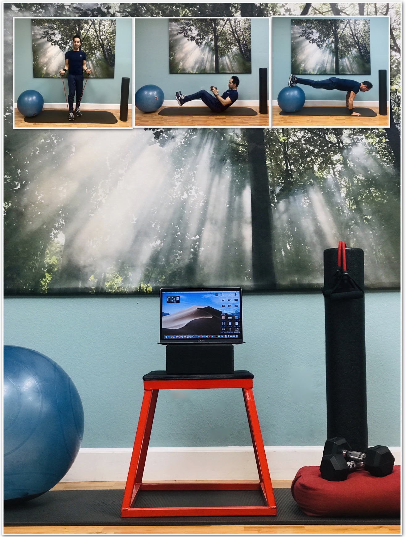 Personal training set-up for live virtual sessions. 